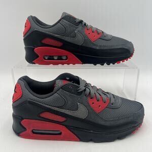 Men's Sz 8 Nike Air Max 90 Black Smoke Grey Iron Fire Red Sneakers DM0029 007